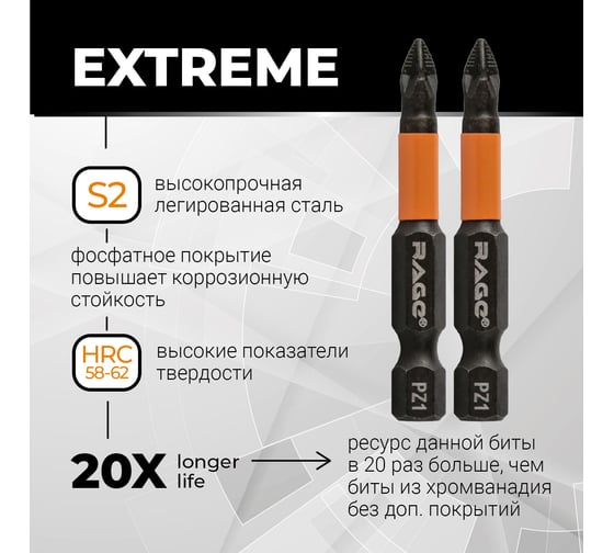 Биты магнитные PZ1, 50 мм, 2 шт, S2 rage by VIRA 554158