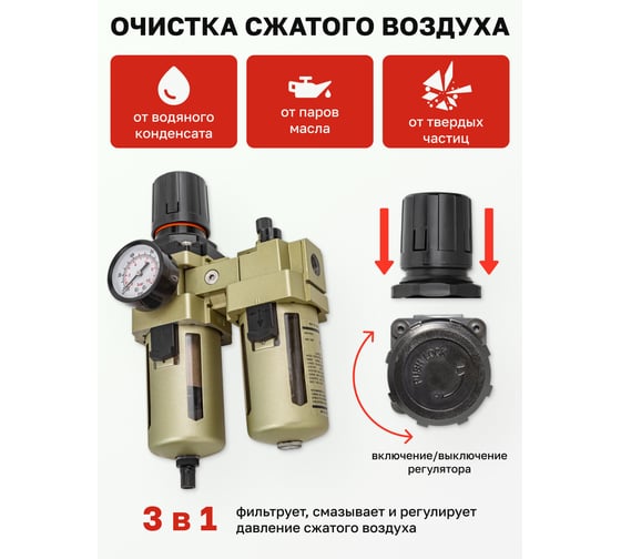 Блок подготовки воздуха 3/8" фильтр-регулятор+лубрикатор (10 Мк, 3000 л/мин, 0-10 bar, рабочая температура 5-60°) Forsage F-AC4010-03(54437)