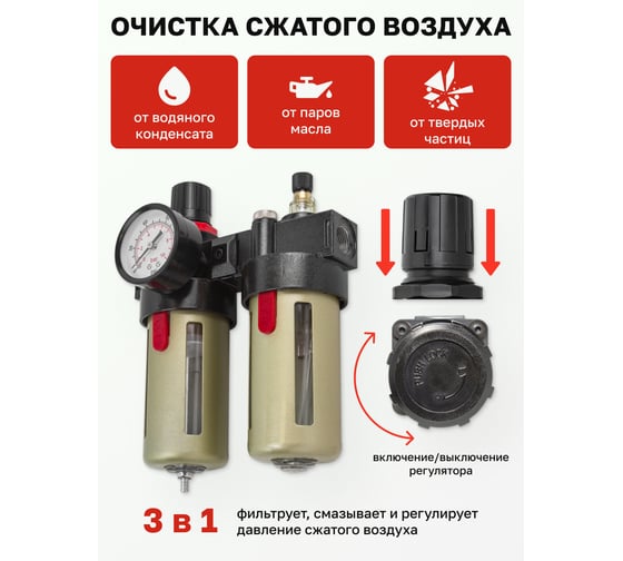 Блок подготовки воздуха 1/4" фильтр-регулятор+лубрикатор (10 Мк, 1400 л/мин, 0-10 bar, рабочая температура 5-60°) Forsage F-BFC2000(54467)