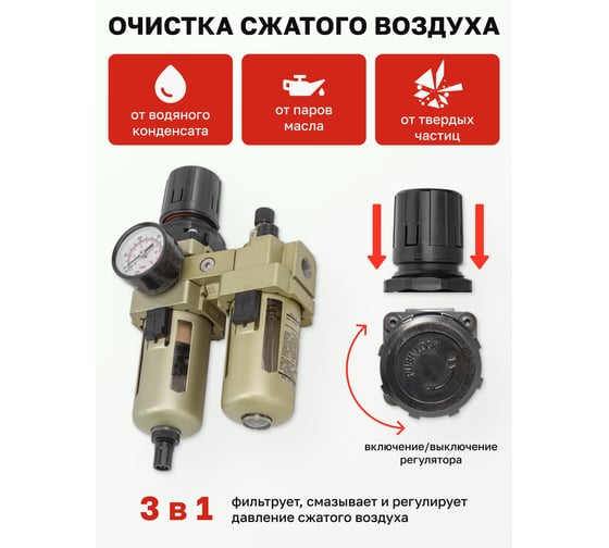 Блок подготовки воздуха 1/4'' фильтр-регулятор+лубрикатор (10 Мк, 1700 л/мин, 0-10 bar, рабочая температура 5-60°) Forsage F-AC3010-02(54435)
