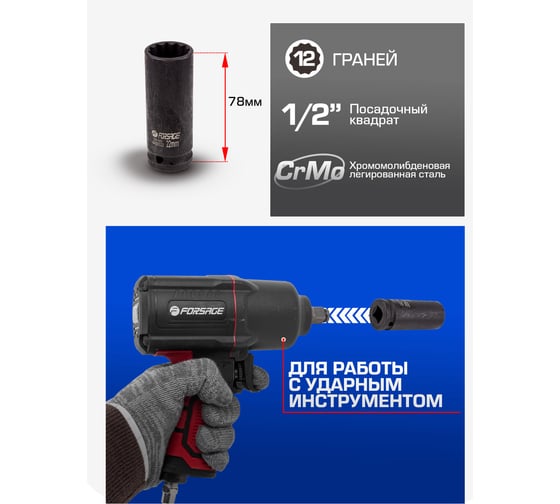 Головка ударная глубокая 12-гранная 22 мм, 1/2''DR Forsage F-4488522(54920)