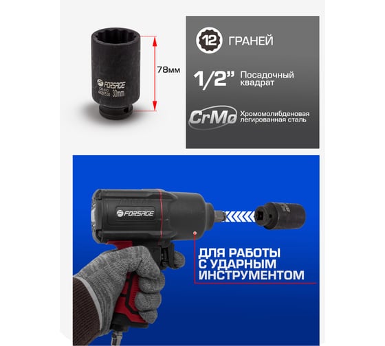 Головка ударная глубокая 12-гранная 30 мм, 1/2''DR Forsage f-4488530 54928