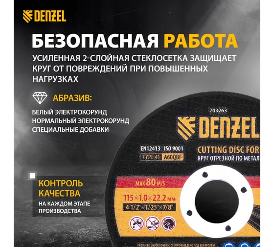 Круг отрезной по металлу 115x1x22.2 мм, A60QBF Denzel 743263