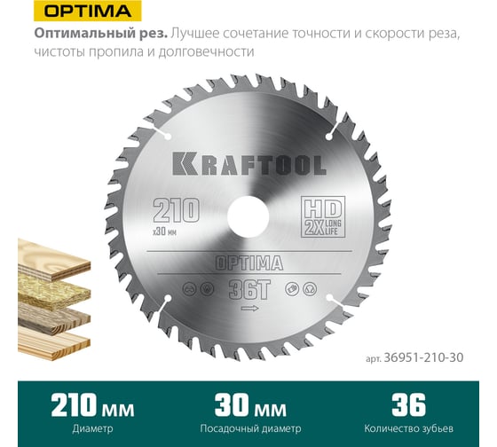 Диск пильный по дереву Optima 210x30 мм, 36Т KRAFTOOL 36951-210-30