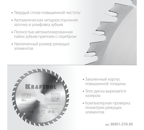 Диск пильный по дереву Optima 210x30 мм, 36Т KRAFTOOL 36951-210-30