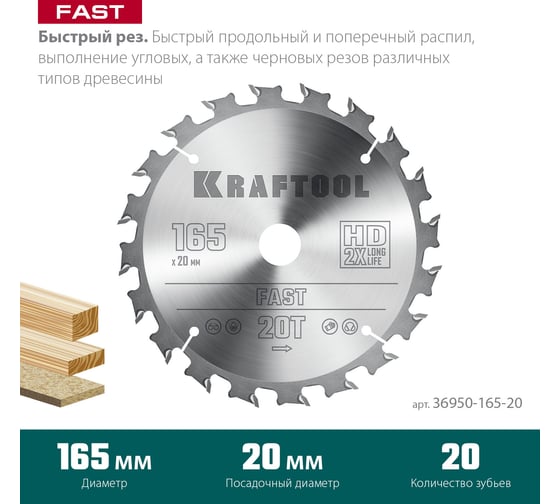 Диск пильный по дереву Fast 165x20 мм, 20Т KRAFTOOL 36950-165-20