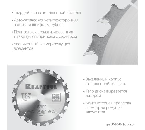 Диск пильный по дереву Fast 165x20 мм, 20Т KRAFTOOL 36950-165-20