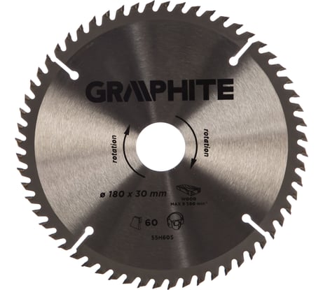 Диск отрезной по дереву (180x30 мм; 60 зубьев) GRAPHITE 55H605