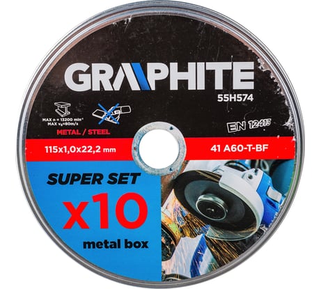 Диск отрезной по металлу (10 шт; 115x22.2х1 мм) GRAPHITE 55H574