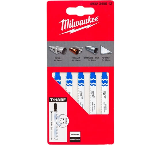 Полотна для лобзика T118BF (Bi-Metal, 55 мм, шаг 2 мм, 5 шт.) Milwaukee 4932340012 1