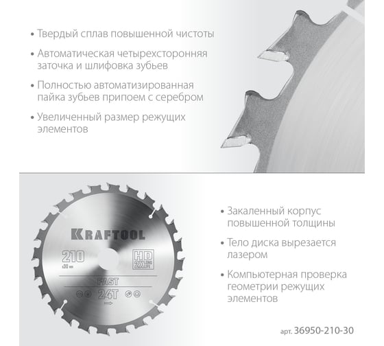 Диск пильный по дереву Fast 210x30 мм, 24Т KRAFTOOL 36950-210-30