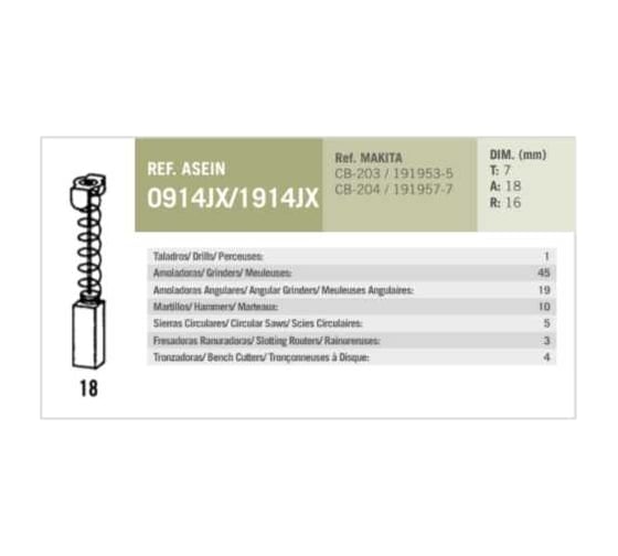 Комплект графитовых щеток 2 шт Makita oem CB-204/as Asein 1914JX