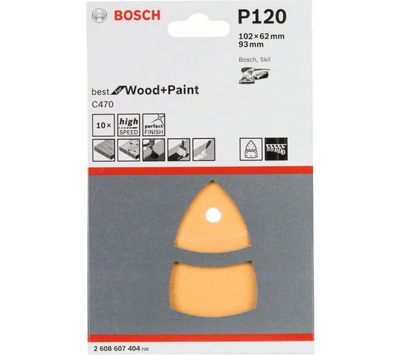 Лист шлифовальный (10 шт; 102х62 мм; 93 мм; P120; липучка) Bosch 2.608.607.404