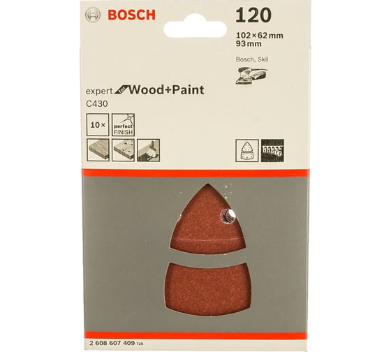 Шлифлист по дереву липучка 10 шт. 102х62; 93 мм К120 Bosch 2.608.607.409