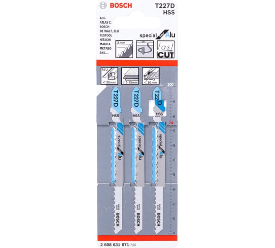 Пилки для лобзика по алюминию T227D (100 мм; 3 шт.) Bosch 2608631671
