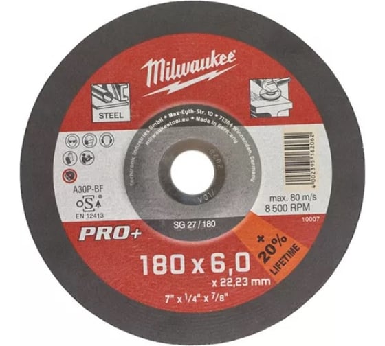 Диск шлифовальный по металлу SG 27/180 PRO+ (180х22.2х6 мм) Milwaukee 4932490100 1