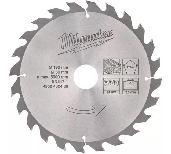 Пильный диск для аккумуляторных дисковых пил 190/30 мм, 24 зуба, тонкий, Milwaukee 4932430430 1