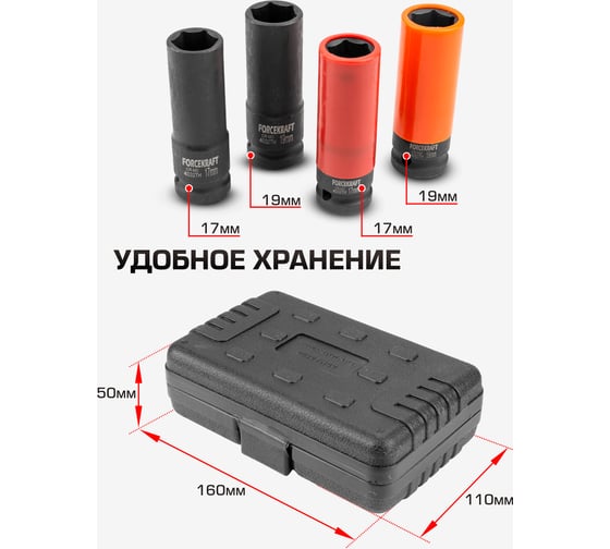 Набор головок ударных тонкостенных 4 предмета, (17, 19 + 17, 19 мм в защитном кожухе) 1/2" Forcekraft FK-4032TH44(56090)