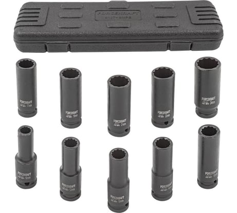 Набор головок ударных глубоких Forcekraft 10пр.,1/2" 12гр.(10,12-15,17,19,21,22,24мм), в пластиковом кейсе fk-4107-9mpb 54556 FK-4107-9MPB(54556)