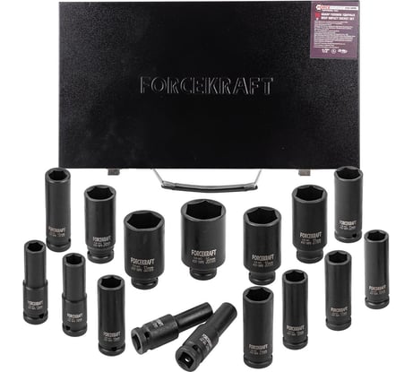 Набор головок ударных глубоких 16 предметов, 1/2", 6-гранные, в металлическом кейсе Forcekraft FK-4167-5MPB(54560)