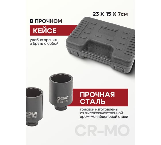 Головки ударные глубокие, набор 4 предмета, 1/2"DR, 12-гранные Forcekraft FK-4045-9MPB(54553)