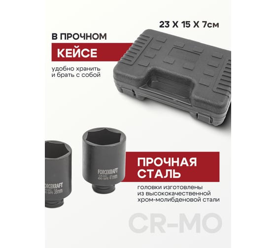 Головки ударные глубокие, набор 4 предмета, 1/2", 6-гранные Forcekraft FK-4045-5MPB(54552)