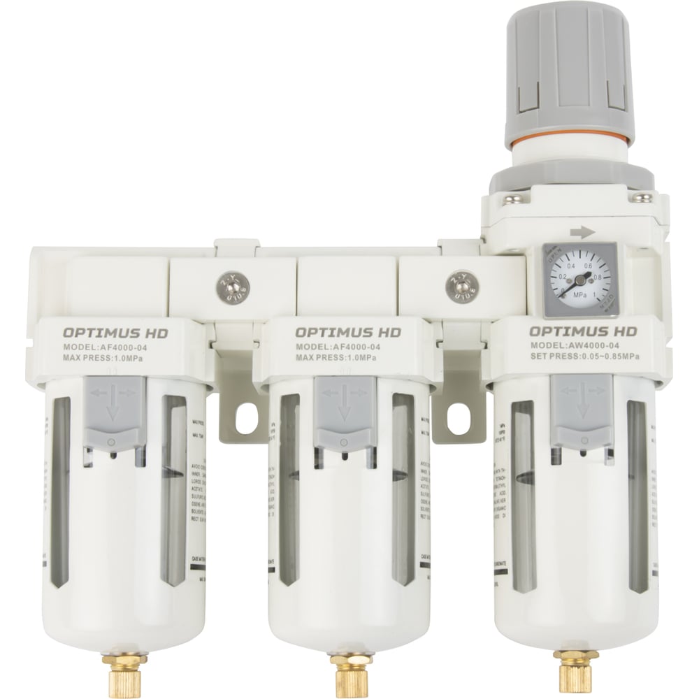 Блокподготовкивоздуха1/2"трехступенчатыйсвлаго-маслоотделителем,регуляторомиманометромhdOptimusAFFW4000-04