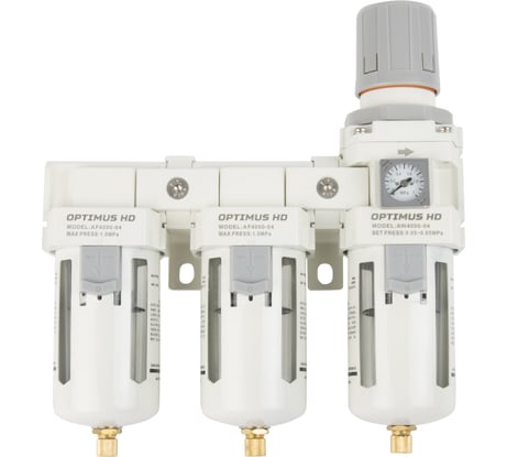 Блок подготовки воздуха 1/2" трехступенчатый с влаго-маслоотделителем, регулятором и манометром hd Optimus AFFW4000-04