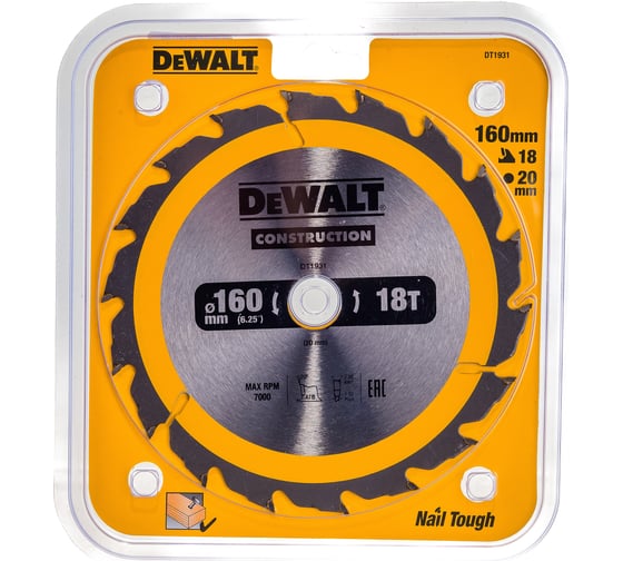 Пильный диск CONSTRUCT 160х20 мм, 18Т,  ATB +20град DEWALT DT1931