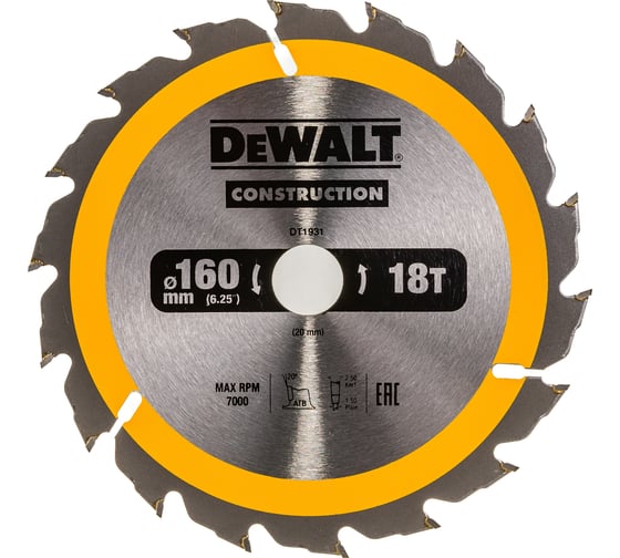 Пильный диск CONSTRUCT 160х20 мм, 18Т,  ATB +20град DEWALT DT1931 1