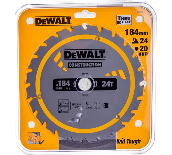 Пильный диск CONSTRUCT 184х20 мм, 24Т, ATB +18град DEWALT DT1951