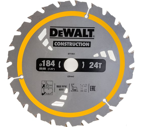 Пильный диск CONSTRUCT 184х20 мм, 24Т, ATB +18град DEWALT DT1951
