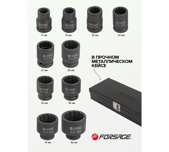 Набор головок ударных 3/4"DR, 10 шт, 12 гр., 17, 19, 22, 24, 27, 30, 32, 36, 41, 46 мм Forsage F-6109-9MPB(54939)