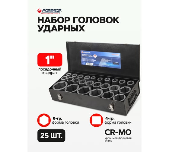 Набор головок ударных 25 шт, 1"DR, 6 гр. Forsage F-8251-5MPB(54956)