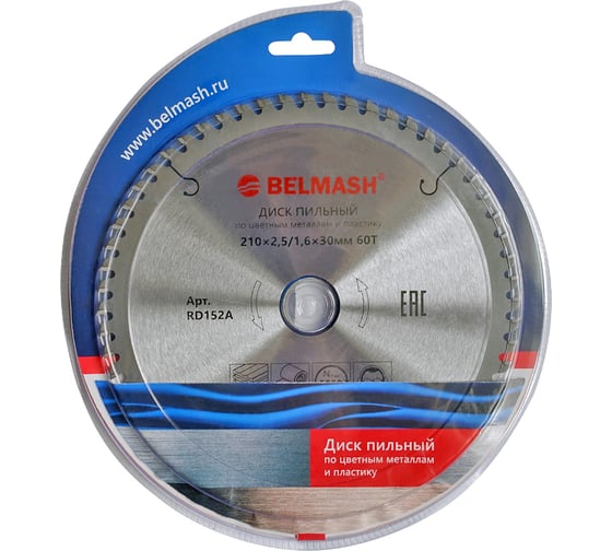 Диск пильный по цветным металлам и пластику BELMASH 210х2.5/1.6х30 мм, 60T Белмаш RD152A