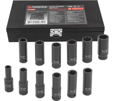 Набор головок ударных глубоких шестигранных 12 предметов, 1/2" DR (10, 12, 13, 14, 15, 16, 17, 18, 19, 21, 22, 24 мм в металлическом кейсе) Forsage F-4127-5MPB(16241)