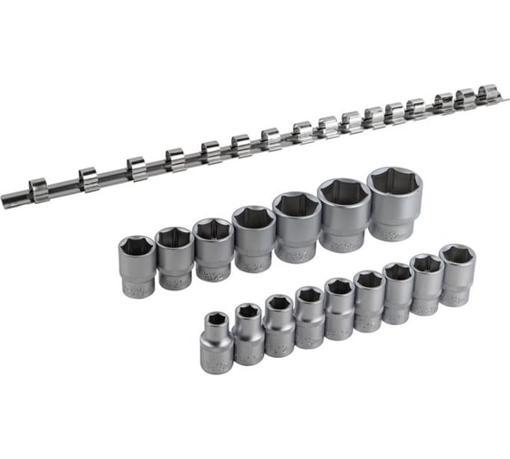 Набор головок шестигранных 16 предметов, 1/2" DR (10, 11, 12, 13, 14, 15, 16, 17, 18, 19, 21, 22, 24, 27, 30, 32 мм на планке) Forsage F-4161-5