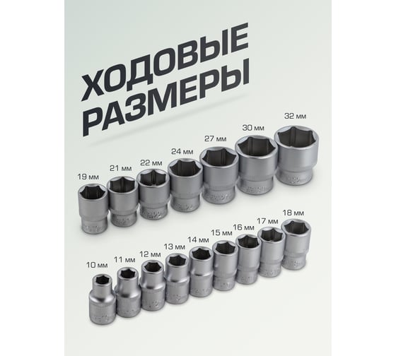Набор головок шестигранных 16 предметов, 1/2" DR (10, 11, 12, 13, 14, 15, 16, 17, 18, 19, 21, 22, 24, 27, 30, 32 мм на планке) Forsage F-4161-5