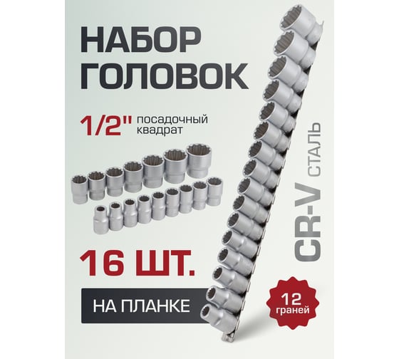 Набор головок 12 гранных 16 предметов, 1/2" (10-19, 21, 22, 24, 27, 30, 32 мм на планке Forsage F-4161-9(9743)