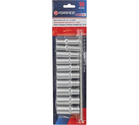 Набор головок глубоких 12-гранных 10 предметов, 3/8" DR (8, 10, 12, 13, 14, 15, 16, 17, 18, 19 мм на планке) Forsage F-3102-9(6438)