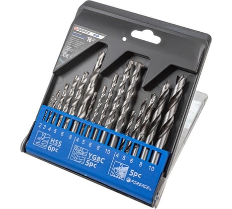 Набор сверл комбинированный 16 предметов (по металлу 2-8 мм; по бетону 4-10 мм; по дереву 4-10 мм; в пластиковом футляре) Forsage F-DBS16M(19776)