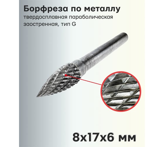 Бор-фреза (шарошка) твердосплавная по металлу сфероконическая заостренная, тип g, 8x17x6 мм TORGWIN T488787