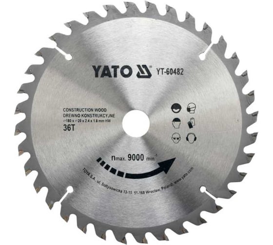 Диск с карбидом/вольфрамом 180x20x2,4x1,8/36 зубьев YATO YT-60482