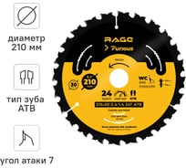 Диск пильный быстрый рез 210 мм (8 1/4"), z24, посадка 30+25.4/20/16 мм RAGE Furious 594234