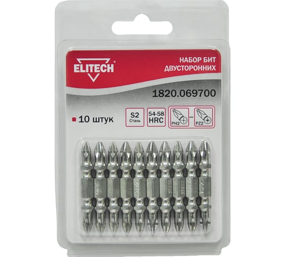 Набор бит двусторонних (10 шт; PH2-PZ2; 45 мм; S2; 54-58 HRC) Elitech 1820.069700 1