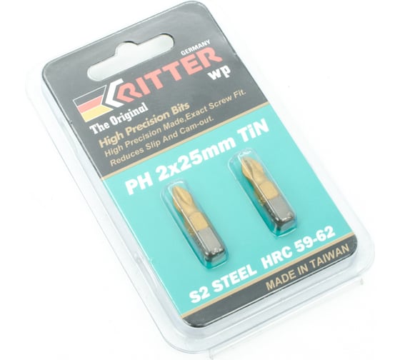 Бита WP PH2x25 мм, TiN покрытие, сталь S2, 2 шт в блистерной упаковке RITTER PS20112022 1