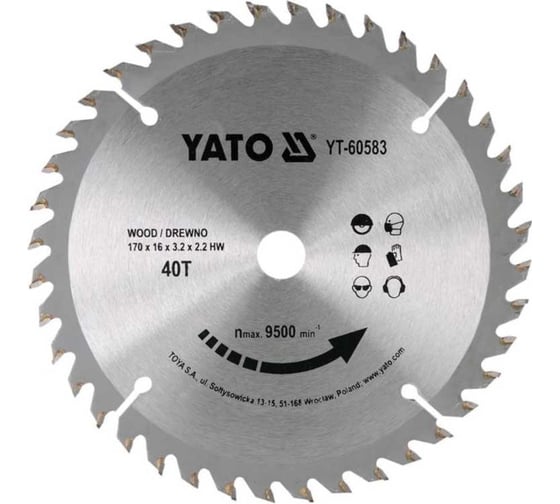 Диск с карбид вольфрамом, 170x16x3,2x2,2/40 зубьев YATO YT-60583 1