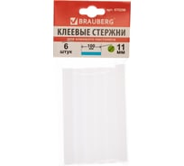 Клеевые стержни, диаметр 11 мм, длина 100 мм, белые, комплект 6 шт. BRAUBERG 670298