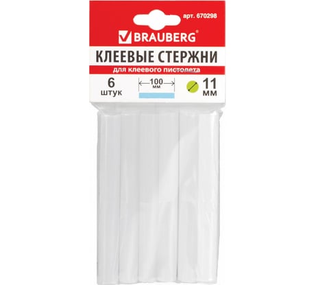 Клеевые стержни, диаметр 11 мм, длина 100 мм, белые, комплект 6 шт. BRAUBERG 670298