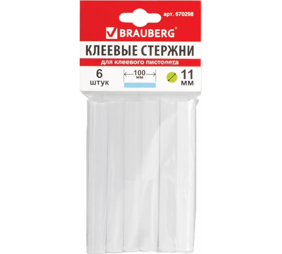 Клеевые стержни, диаметр 11 мм, длина 100 мм, белые, комплект 6 шт. BRAUBERG 670298